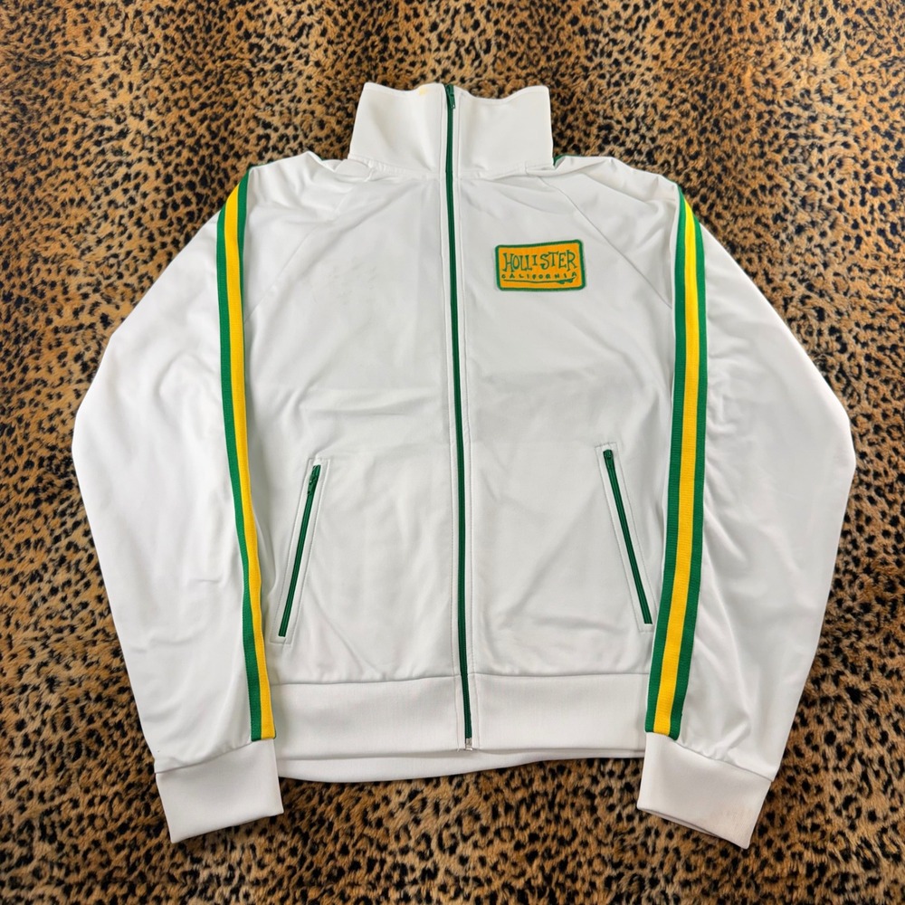 Vintage 2000s Hollister California Track Jacket White Green Yellow Stripe Mens L